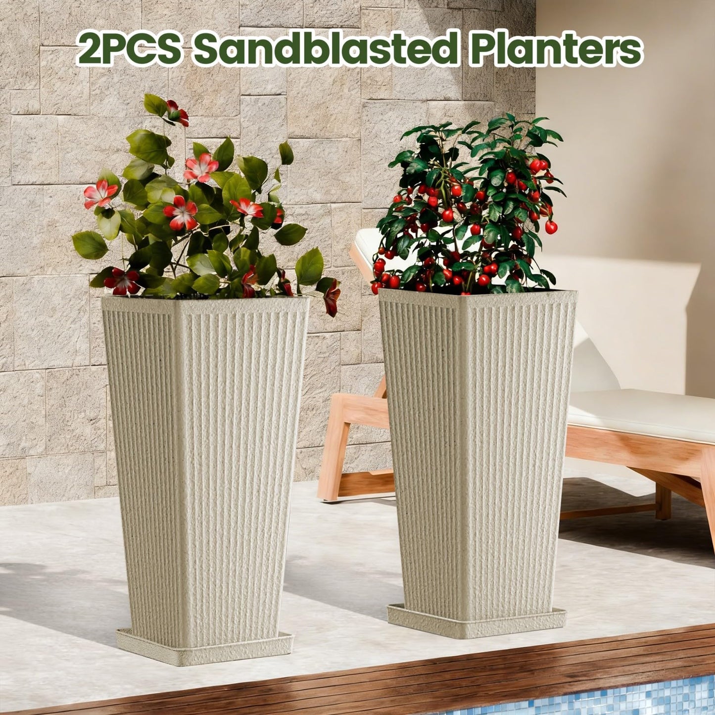 Diyfire Front Porch Planters Outdoor Set of 2, 24" Tall Plastic Planters for Outdoor Plants with Drainage, Extra Large Outdoor Planter Pots, Tapered Tall Planters for Front Door & Indoor Plants, Beige