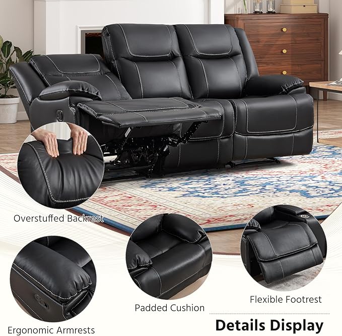 ANJ Premium Genuine Leather Manual Reclining Sofa Couch, Overstuffed 3-Seater