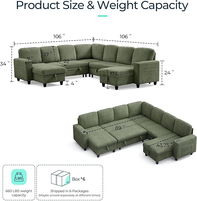 LINSY HOME Sectional Sofa with Pull Out Bed, 7 Seats Corduroy Reversible