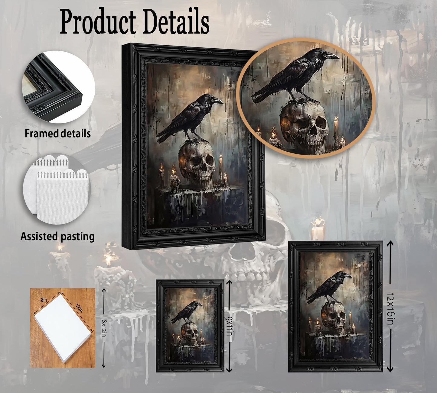 Gothic Crow & Skull Wall Art, Dark Academia Raven Perched on Skull Framed Canvas Wall Decor, Macabre Halloween Art for Home, Living Room, Bedroom, 9x11 Inch