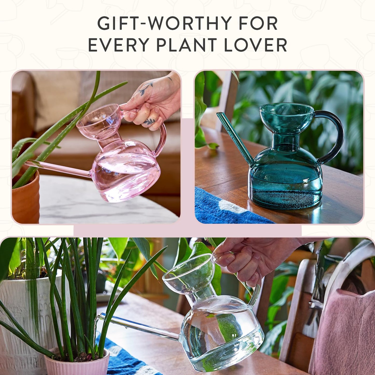 Modern Sprout Plant Watering Can - Handcrafted from Borosilicate Glass - Long Spout Vessel for Indoor Plants - 32 Oz Capacity - Multipurpose Watering Can and Flower Vase for Houseplants (Blush)