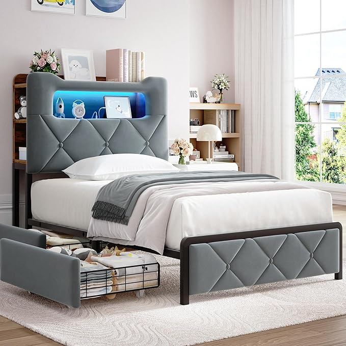 Jocoevol Twin Upholstered LED Bed Frame