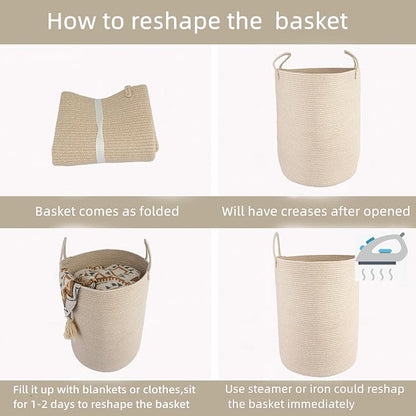 XUANGUO Cotton Rope Laundry Basket Hamper for Clothes Woven Storage Basket for Living Room Bedroom Boho Tall Rope Baskets for Blanket Toys Pillow Towels Baby Nursery Hamper Bin Large oatmeal