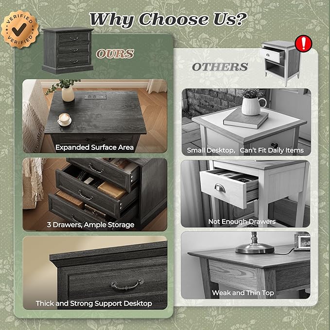 Huuger Nightstand with Charging Station, 3 Drawer Night Stand, 22 Inch Wider