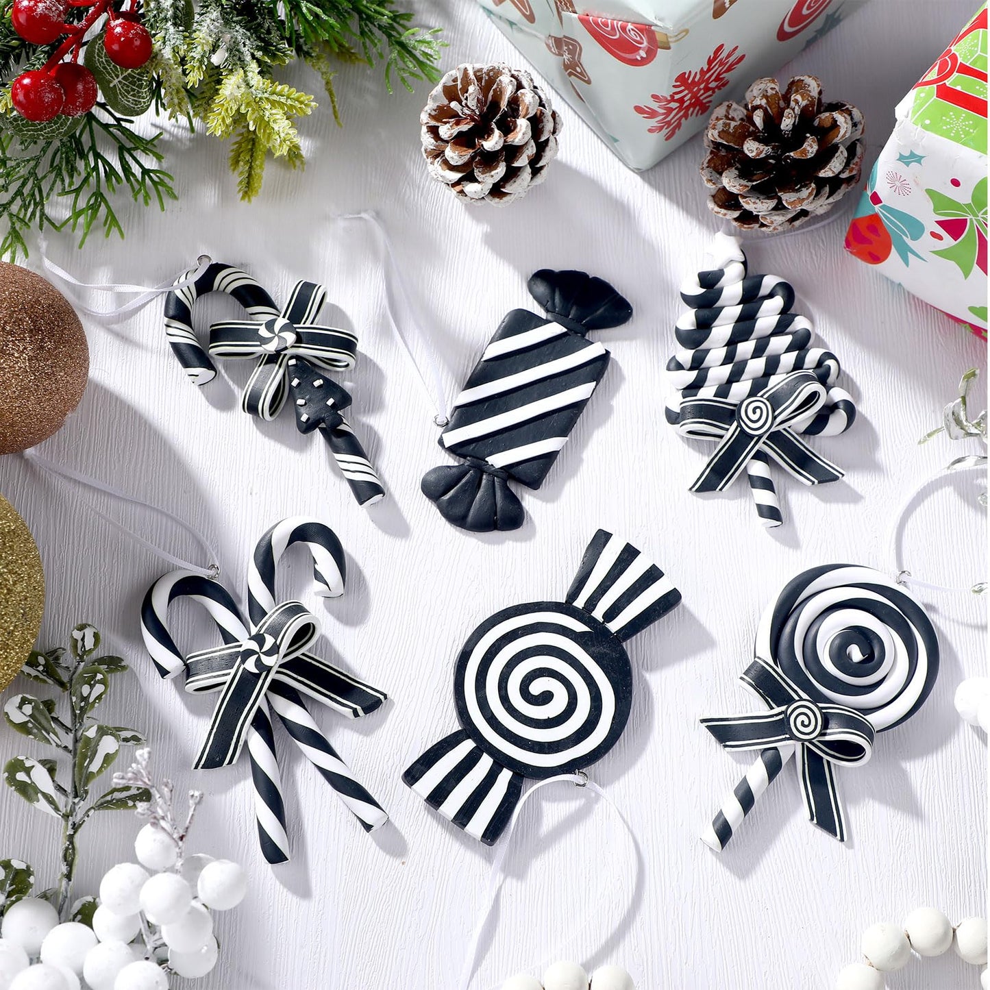 Blulu 6 Pcs Christmas Black and White Candy Cane Lollipop Hanging Ornaments Tree Picks Decorations Polymer Clay Peppermint Winter Holiday Xmas Party Supplies for Wreaths Christmas Trees Accessories