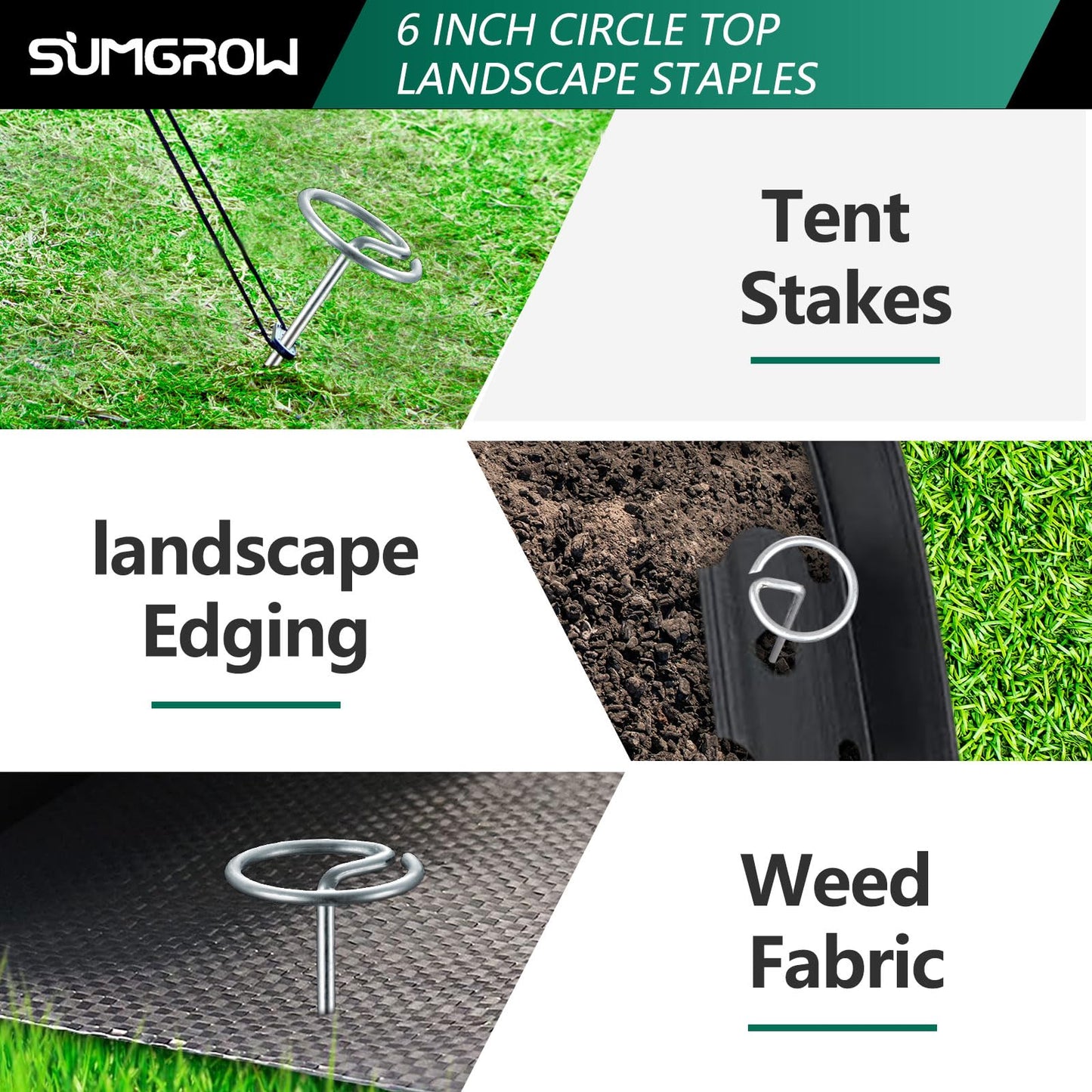 SUMGROW 60 Pack 6-inch, Landscape Staples, Fabric Pins, Weed Barrier Stakes, Circle Top Galvanized Steel Spikes for Securing Outdoor Tent, Ground Sheets, Fleece, Edging, Lawn Turf, Decorations