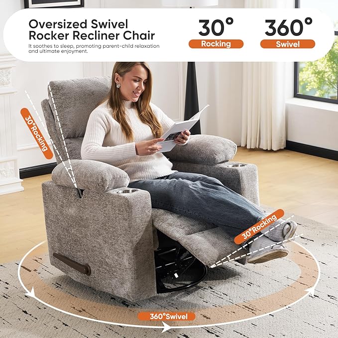 Swivel Rocker Recliner with Adjustable Armrests, Rocking Nursery Chair with