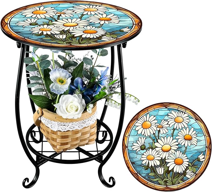 Cinnvoice Outdoor Side Table Round Small Mosaic Patio Accent Indoor End Plant