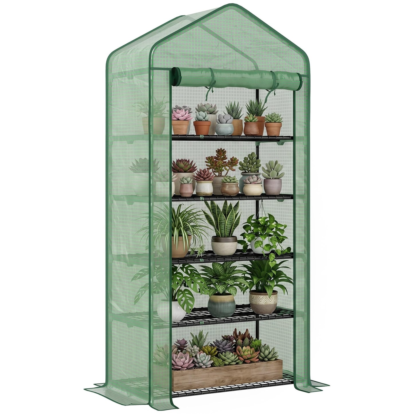 Outsunny 5 Tier Mini Greenhouse, 76" x 35.4" x 19.3" Small Portable Greenhouse with Reinforced PE Cover, Roll-Up Zippered Door, for Indoor Outdoor Garden Yard Backyard, Green