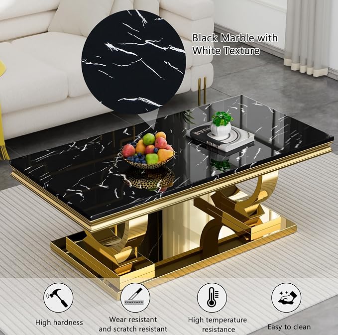 3 Piece Living Room Table Set Include 1 Faux Marble Coffee Table & 1 End Table & 1 Console Table, Modern Black Gold Coffee Table Set of 3 with Double O Shape Stainless Steel Pedestal Base