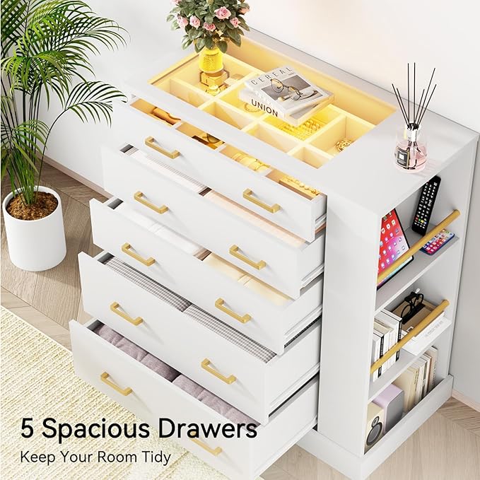 Drawer Dresser with LED Lights and Open Shelves, Modern Tall Chest of Drawers