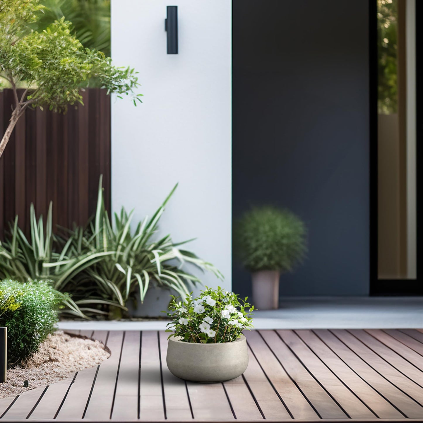 Kante 11.8" Dia Round Concrete Planter, Cement Plant Pots with Drainage Hole and Rubber Plug for Outdoor Indoor Garden Home, Modern Curvaceous Design, Weathered Concrete
