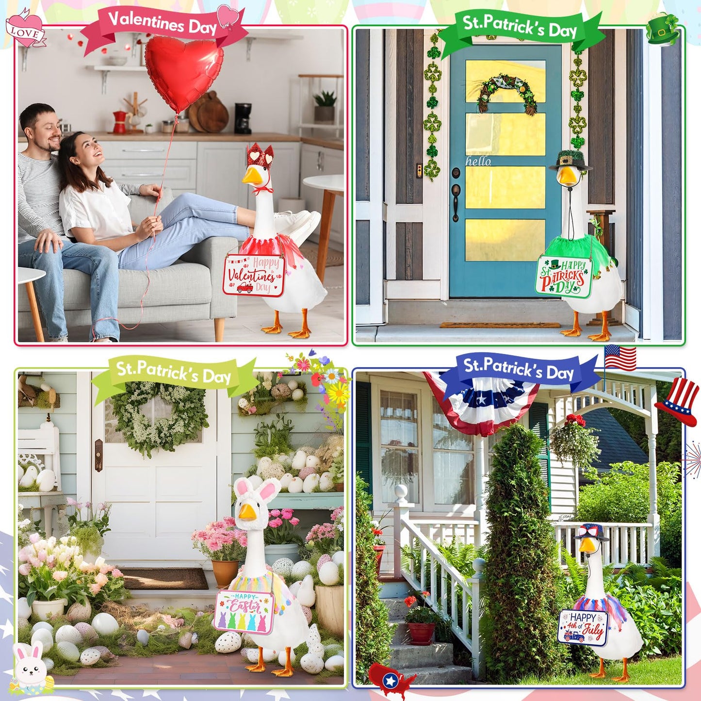 Silicherry 7 Set Holiday Porch Goose Outfits with Festival Wooden Sign 4th of July Halloween Christmas 23" Lawn Goose Clothing Hat and Tutu Collar for Lawn Patio Yard Decor