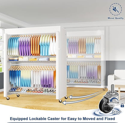 ULIFHOME P8C Max Heavy Duty Clothes Rack（With Extended Width Design） Rolling Clothing Racks for Hanging Clothes with Lockable Wheels，51.2"W x 15.8"D x 80.5"H，Load 800LBS，White Rack with White Cover
