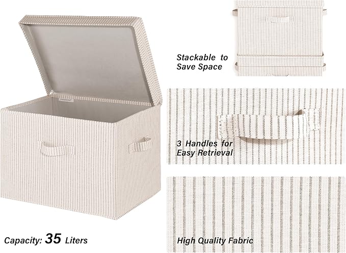 StorageWorks Fabric Storage Bins with Lid, Decorative Storage Boxes for Shelves, Stackable Closet Organizer Basket with Handles, Jumbo, Khaki and Beige Stripes, 2-Pack