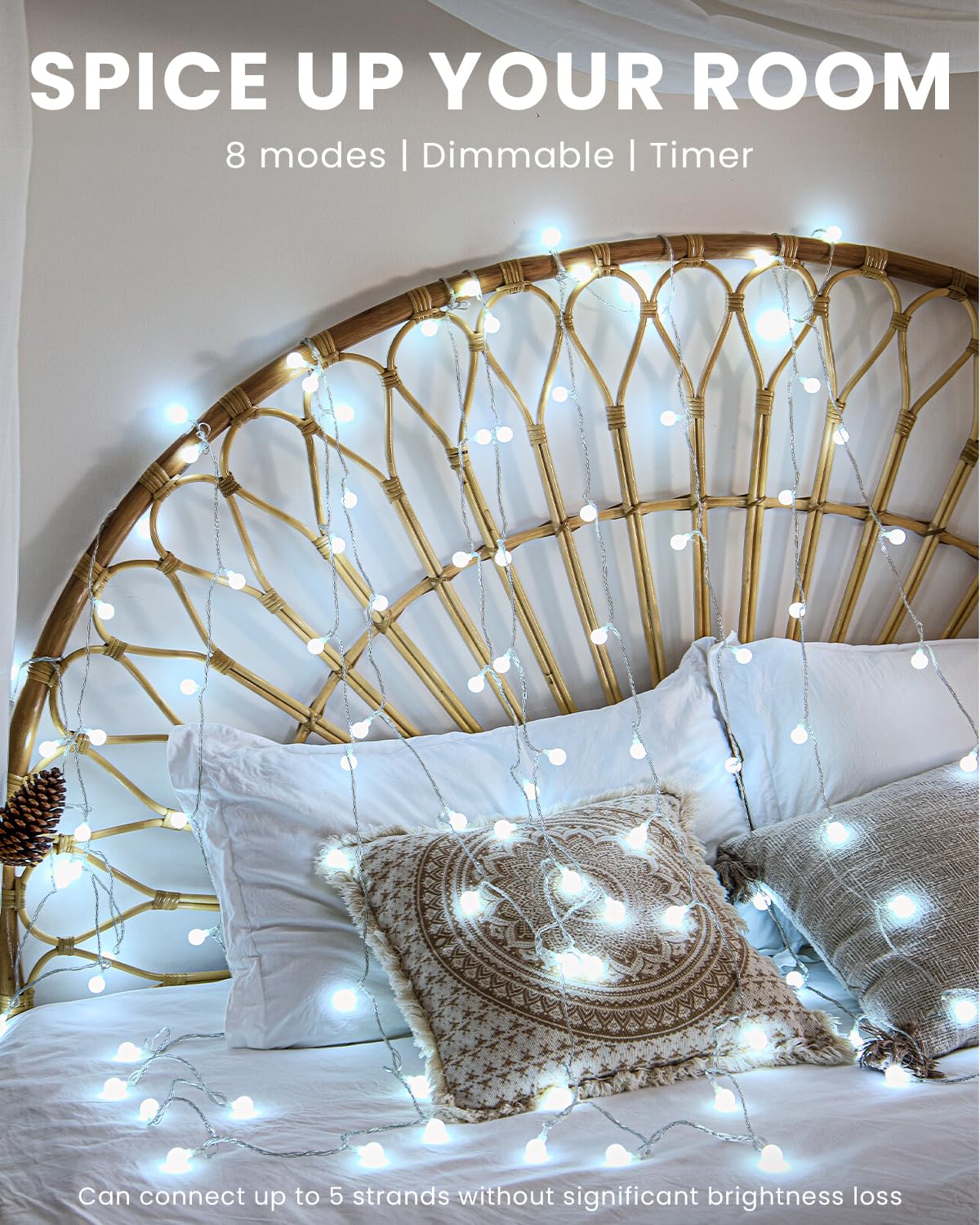 JOLYMOLY Globe String Lights 59 Ft 100 LED Fairy Lights Plug in with Remote Timer, Connectable Small Frosted Globe Christmas Lights for Bedroom Wedding Xmas Tree Indoor Outdoor Decor, Cool White