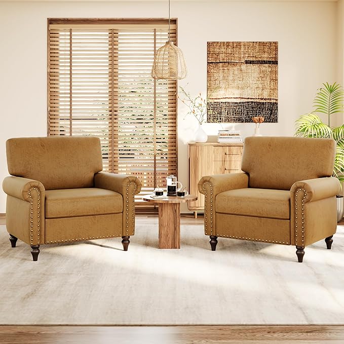 Nailhead Trim Accent Chairs Set of 2, Faux Leahter Mid Century Modern Living