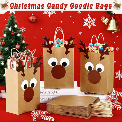 FOGWOWO 36 Pcs Reindeer Gift Bags DIY Reindeer Bags,Christmas Goodie Bags Kraft Paper Reindeer Treat Bags Party,Xmas Candy Bags Bulk with Handles Wrapping Supplies