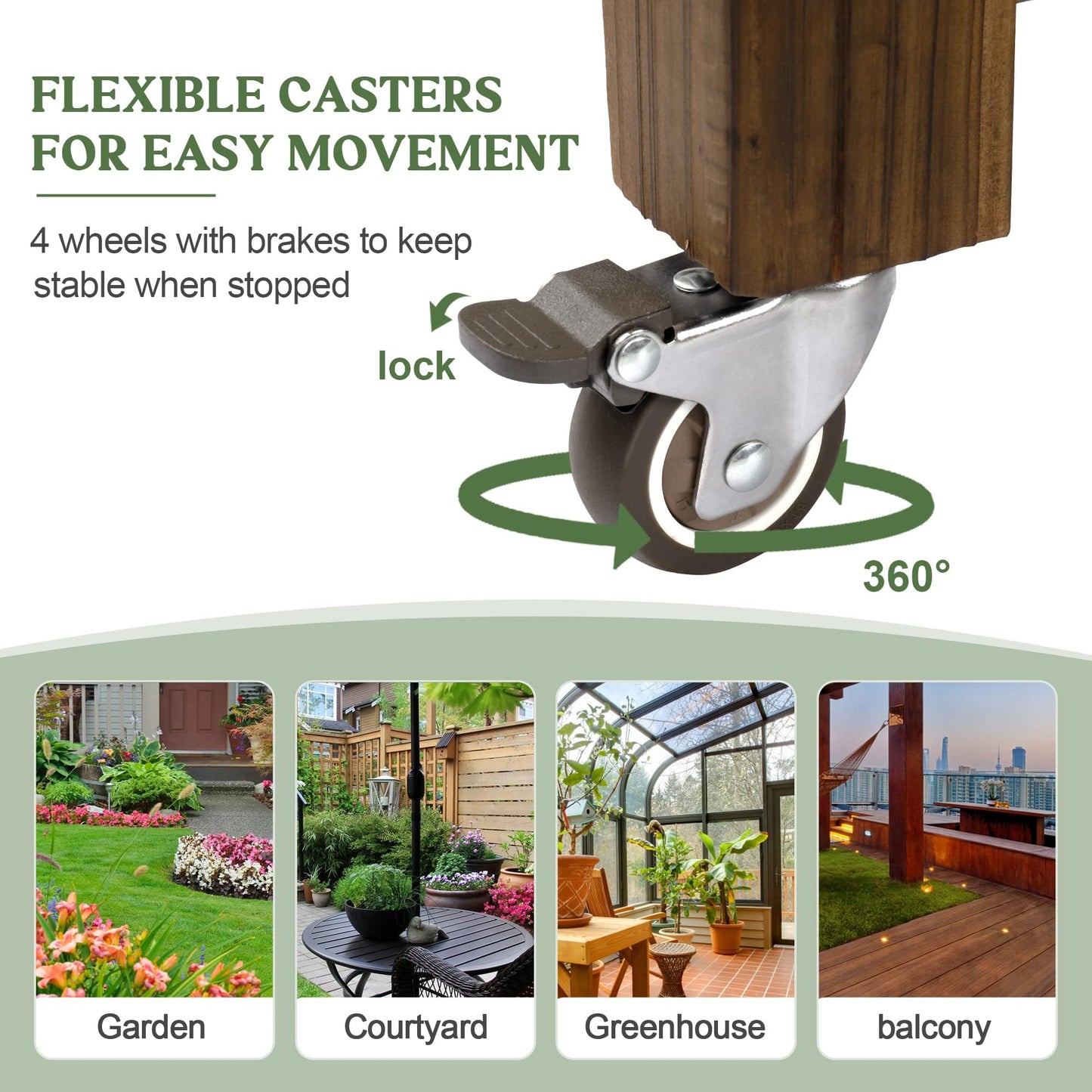 OIPRTGFJ Cedar Wood Outdoor Raised Garden Bed Planter Box with Locking Wheels, 41x21x20 inch, Carbonization Color
