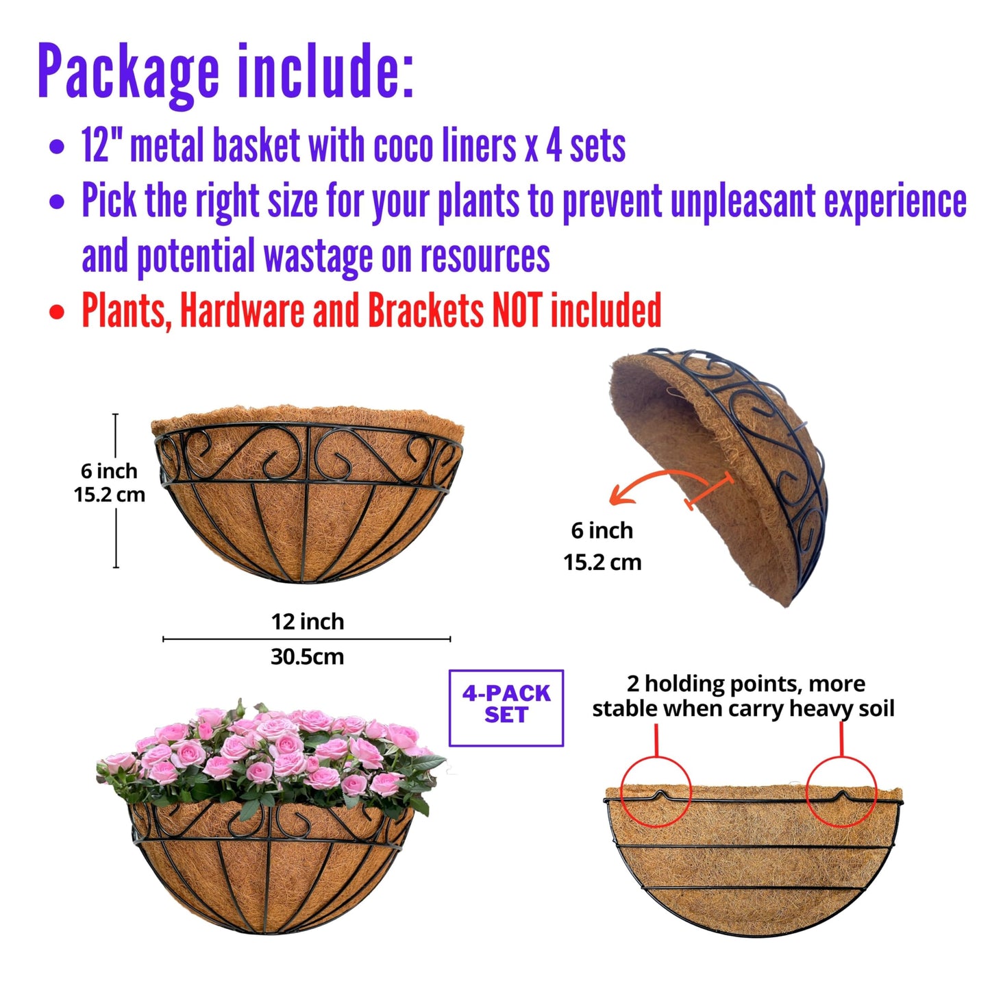 LaLaGreen Wall Hanging Planters, 4 Pack, 12 Inch Balcony Flower Baskets with Coco Liner Outside, Outdoor Vertical Garden, Fence Pots Holder Half Round Semi Circle Rail Railing Deck Porch Balcony Patio