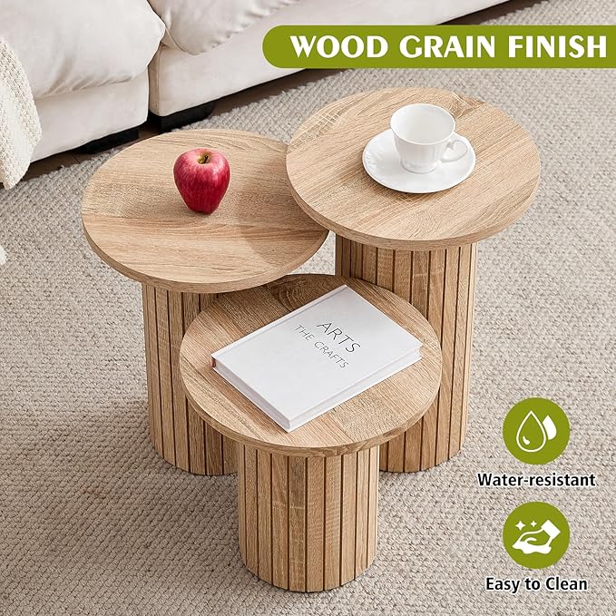 Round Side Tables Set of 3, Circle Modern Fluted Nesting Coffee Table, Accent
