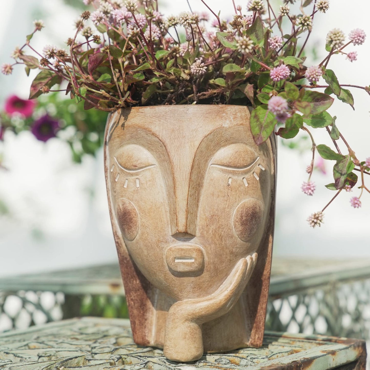 Saysmile Head Planters for Indoor Plants, Face Flower Pot Head Planter Succulent Planters Unique Face Planter with Drainage Hole - Rustic Thinking Girl Closed Eyes