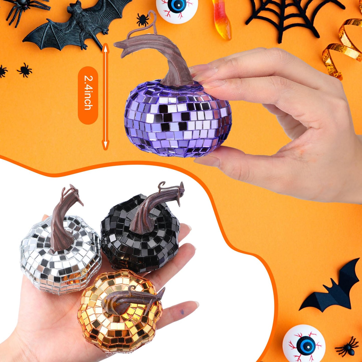 Silipull 24 Pcs Artificial Disco Pumpkin Glitter Mirror Pumpkin Fall Hanging Mini Pumpkins Ornaments for Autumn Halloween Thanksgiving Decoration Table Centerpiece(Black, Silver, Orange, Purple)