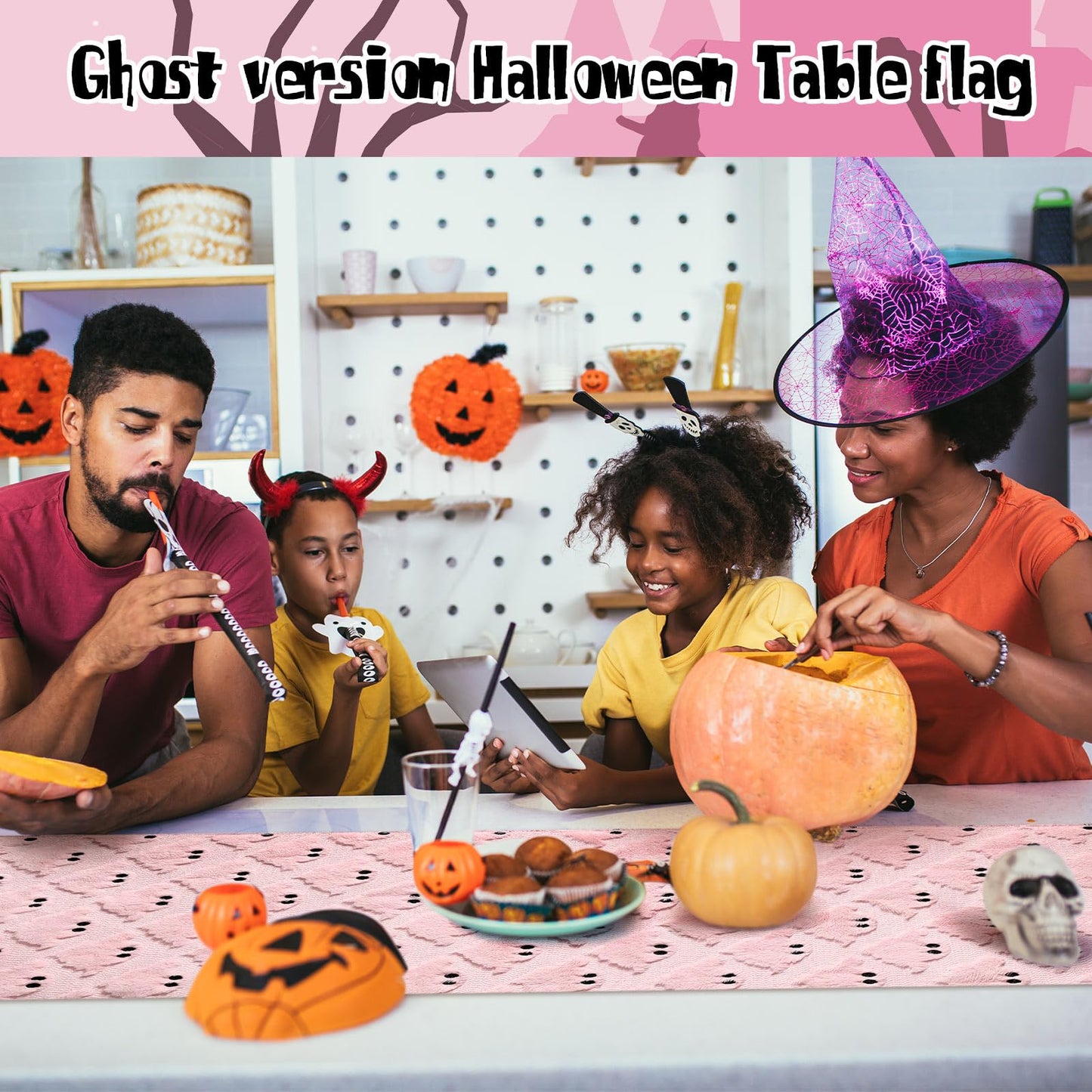 Reallnaive Pink Ghosts Halloween Table Runner Fall Kitchen Dining Runners Halloween Table Decorations for Indoor Outdoor Home Party Decor, 13 x 72 Inch