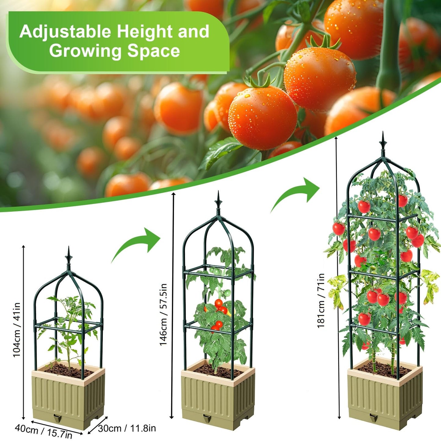 Raised Garden Bed Planter Box with Trellis, 71" Self-Watering Tomato Planter with Trellis for Climbing Vegetable and Plants, Tomato Cage Planters for Indoor Outdoor Patio Greenhouse Gardening (1Pack)