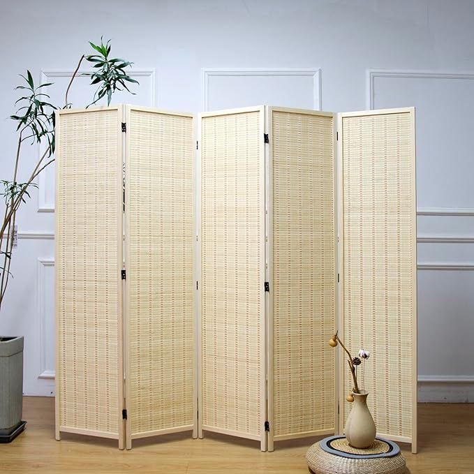 Furnnylane 5 Panel Bamboo Room Divider – 5.6 ft Tall Folding Privacy Screen