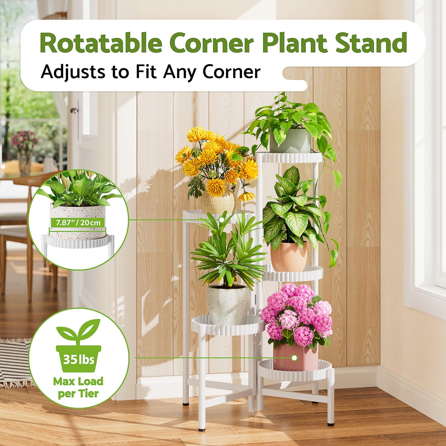 NQW 5 Tier Large Plant Stand Indoor with 7.9 Inch Wide Tray, Tiered Corner Metal Outdoor Flower Display Holder Shelf, Folding Tall Rack for Patio Porch Living Room Balcony - WhiteFloroma