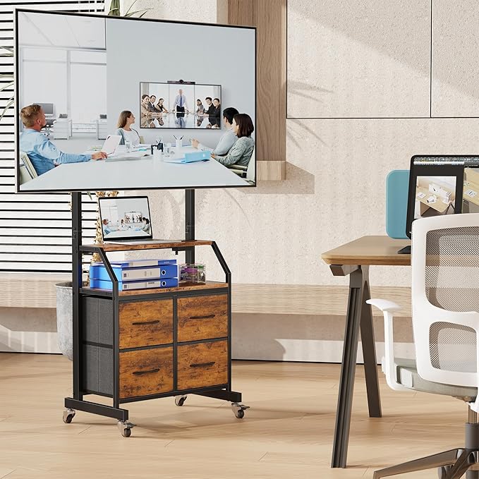 Rolling TV Stand with Mount & 4 Fabric Drawers