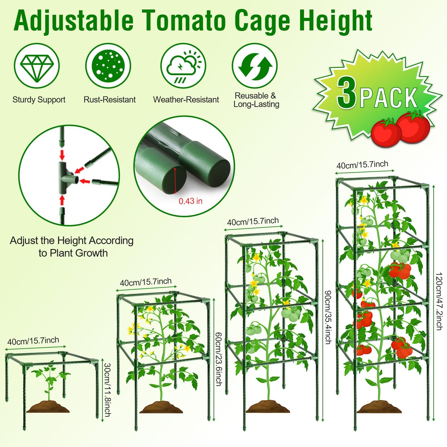 Fabulas Tomato Cage, Square Tomato Trellis Plant Support Stake Cages for Garden and Pots Tall Up to 63 Inch Adjustable Cucumber Trellis for Raised Bed Outdoor Climbing Plants Vegetables Flower, 3 Pack