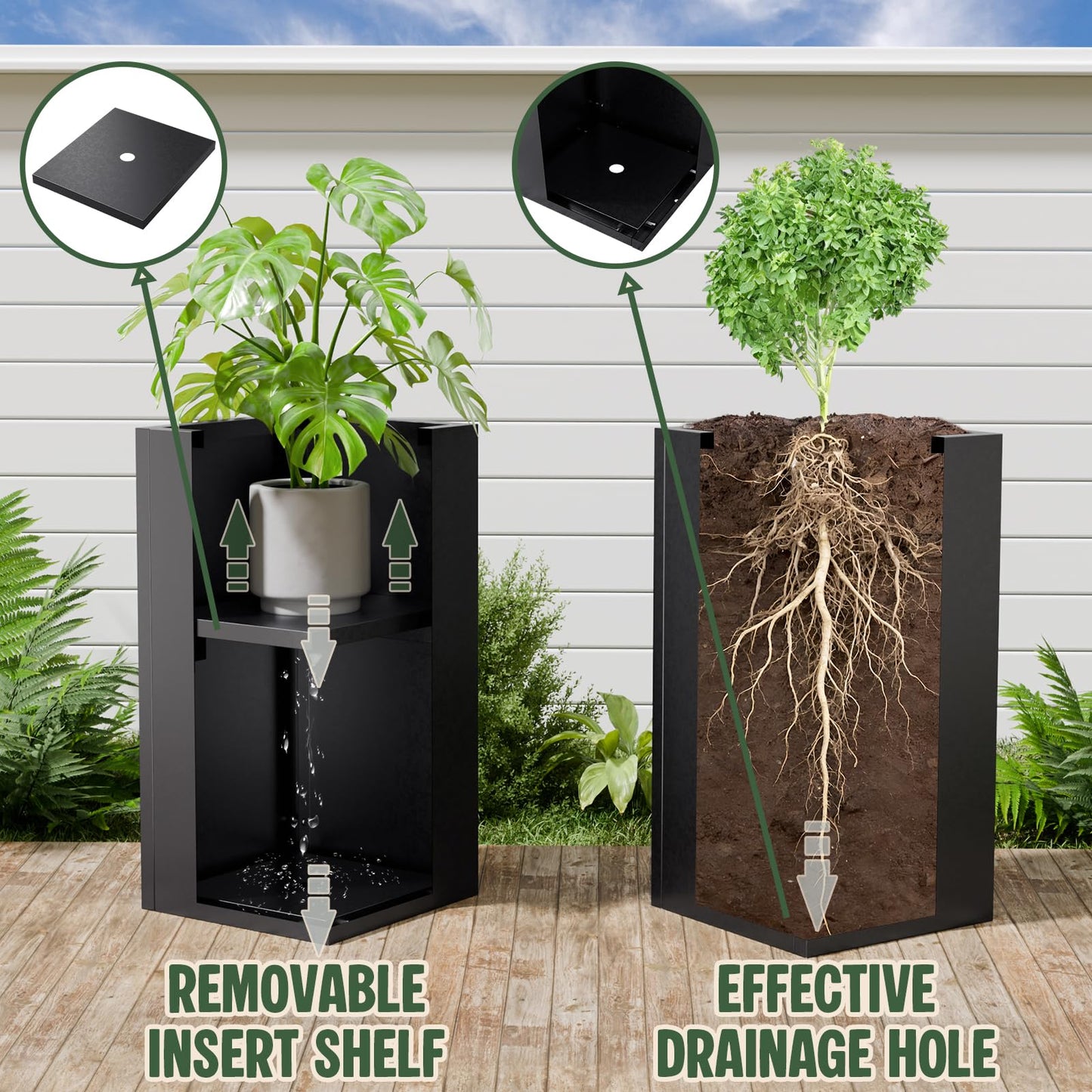 Diyfire Tall Metal Planters Box for Outdoor Plants - 23.6" Modern Steel Tall Square Planter with Removable Insert Shelf, Heavy Duty Pedestal Planter Front Porch Decor Patio Garden Office, Black