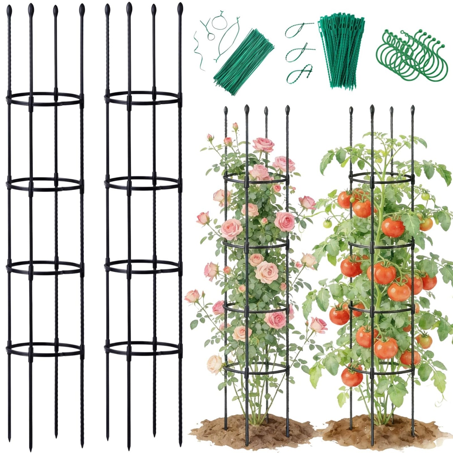 2 Pack Tomato Cages for Garden - Heavy Duty Tomato Trellis for Climbing Plants Outdoor & Indoor - 63 Inch Adjustable Tall Plant Cage & Support Garden Stakes for Pots Vegetables Flowers Fruits Vines