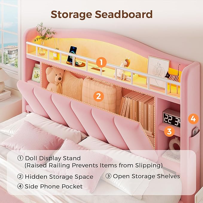 Queen LED Bed Frame with Storage Headboard & 2 Storage Drawers, Princess Velvet