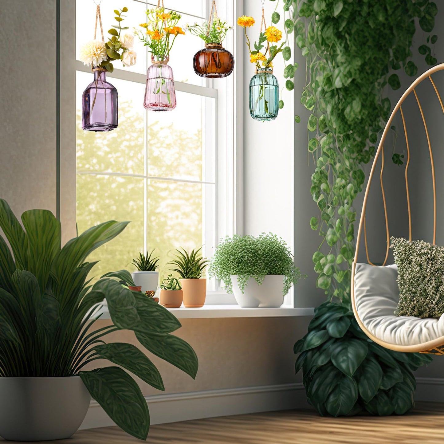 Wonderjune 4 Pcs Stained Glass Hanging Vases Hanging Glass Planters Small Plant Terrarium Pot Containers with Rope for Garden Home Indoor Outdoor Decor, 4 Styles (Fashionable)