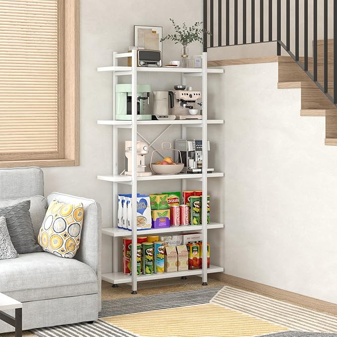 Bookshelf 5 Tiers White Wooden Storage Shelf, Modern Open Display Storage