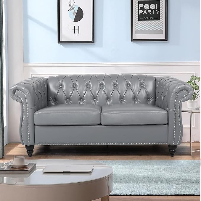 LEVNARY Leather Sofa, Chesterfield Tufted Upholstered 2 Seater Couch, Modern