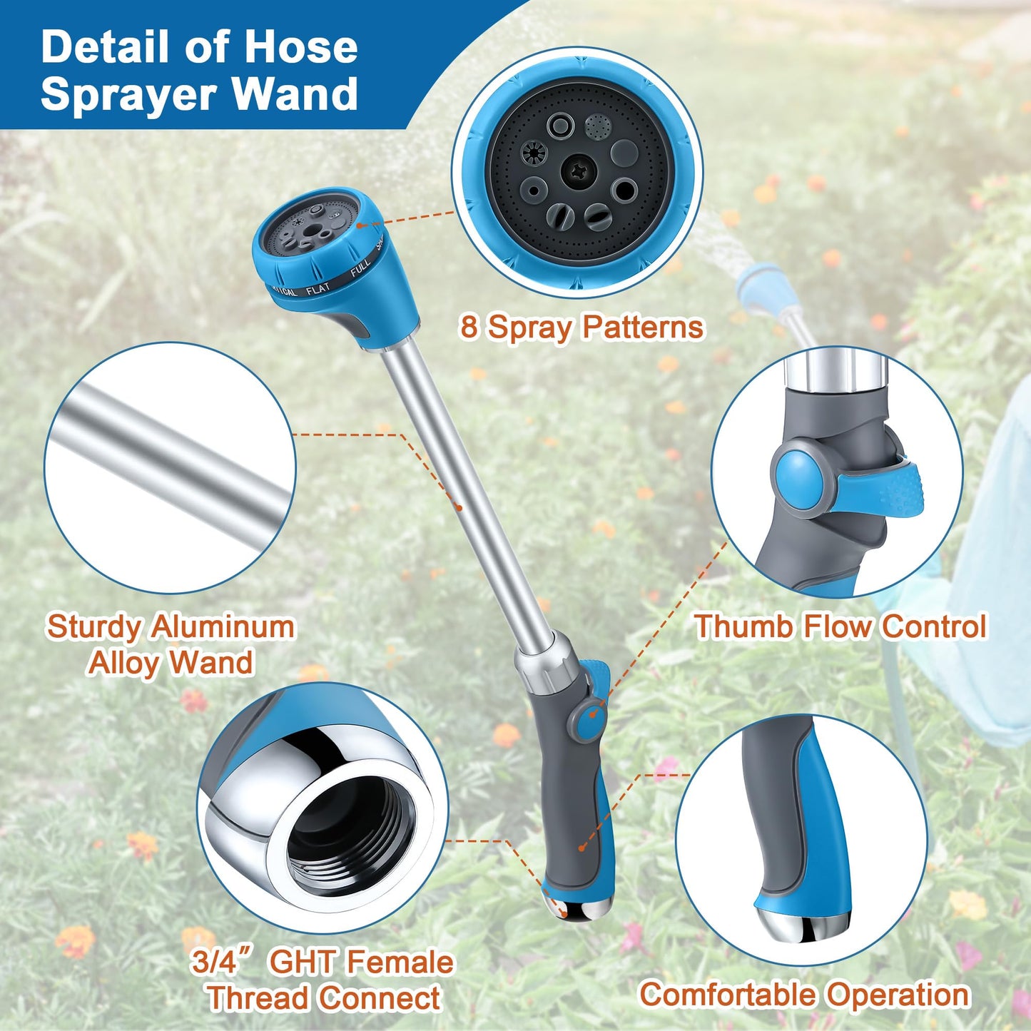 Saillong 18" Watering Wand for Garden Hose Heavy Duty, Metal Garden Hose Wand Sprayer with Thumb Control & 8 Spray Patterns, Hose Nozzle Wand for Lawn Plants Hanging Baskets, Pipe Tape Included