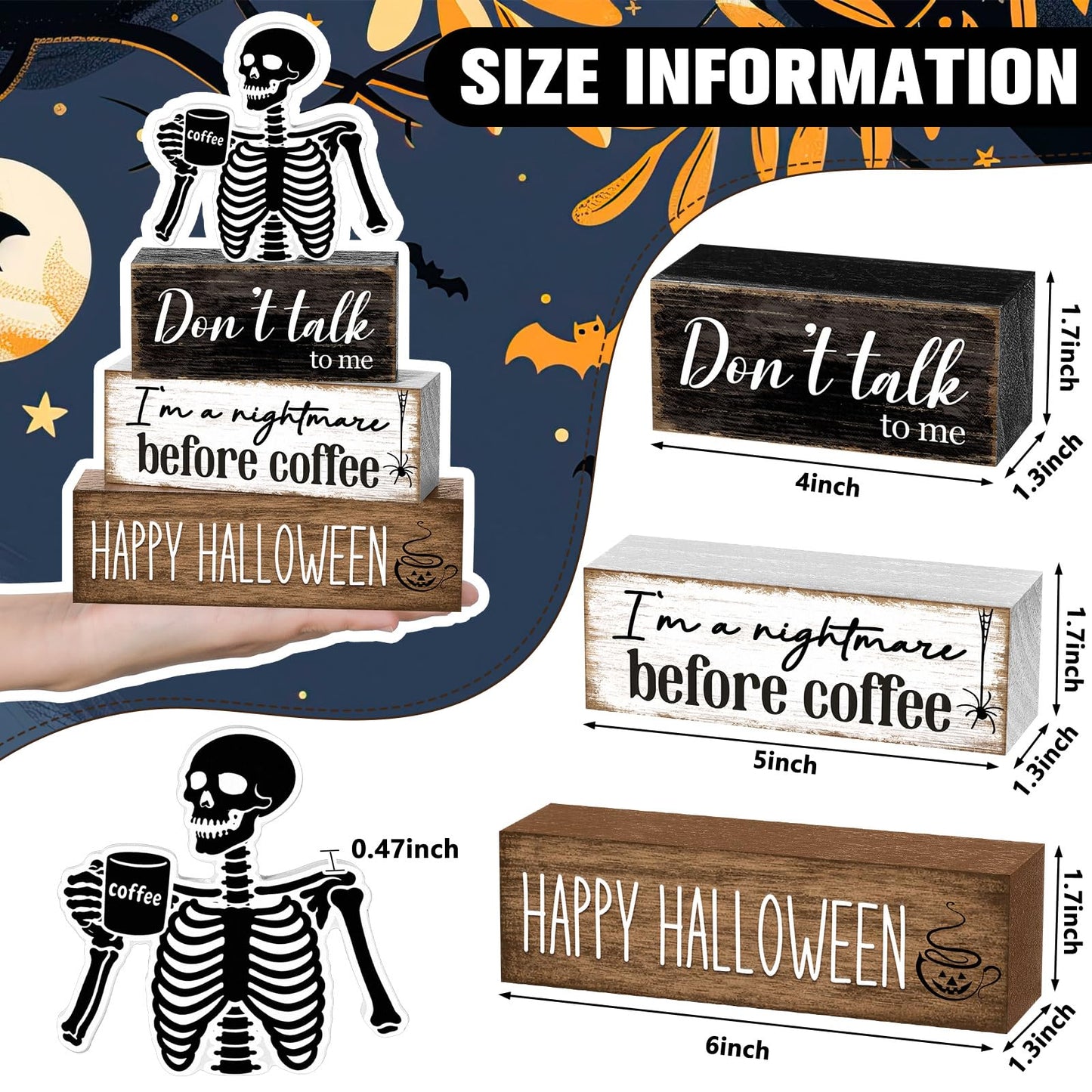 Marsui 4 Pcs Halloween Coffee Bar Decorations Skeleton Nightmare Before Coffee Tabletop Decor Funny Gothic Wooden Sign Block Halloween Table Centerpiece for Home Indoor Office Shelf Tiered Tray Decor