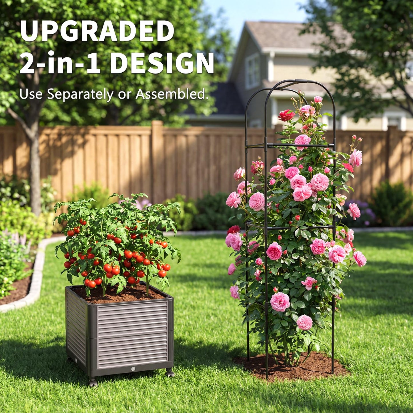 DoCred 60" H Raised Garden Bed Planter Box with Wheels, 2 Pack Tomato Cage Planter Raised Garden Bed with Trellis for Climbing Vegetables Plants Tomato Cage, Indoor Outdoor Use