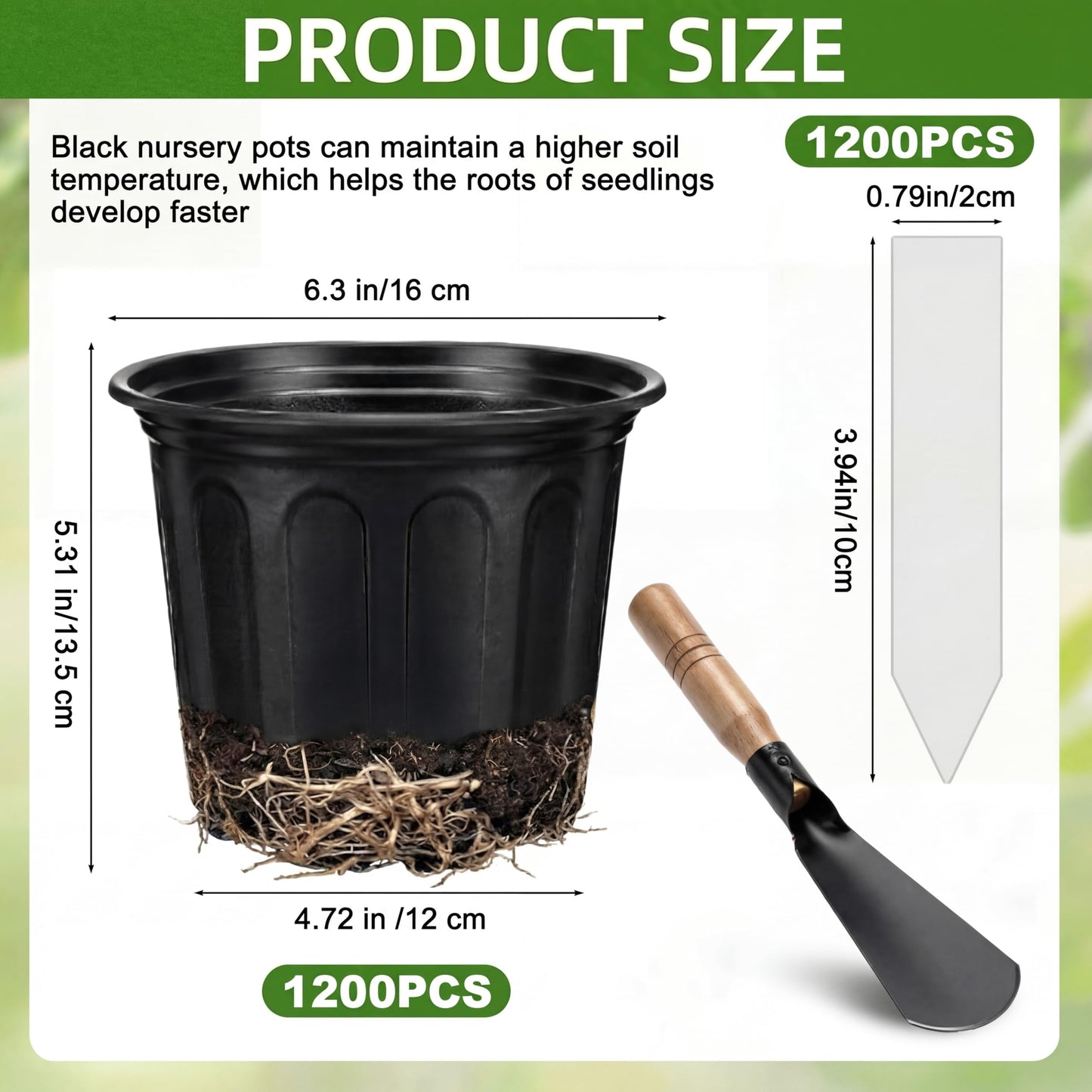 RimCereal 1200 Pcs 1 Gallon Plastic Plants Nursery Pots Bulk with Plant Labels, Thickened Soft Black Seedling Pots with Drainage Holes, Flower Plant Containers with Shovel for Seed Succulents Supply