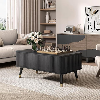 Lift Top Coffee Table with Storage, Modern Coffee Table with Solid Wood Legs, 38" Minimalist Fluted Center Table for Living Room, Home Office, Black