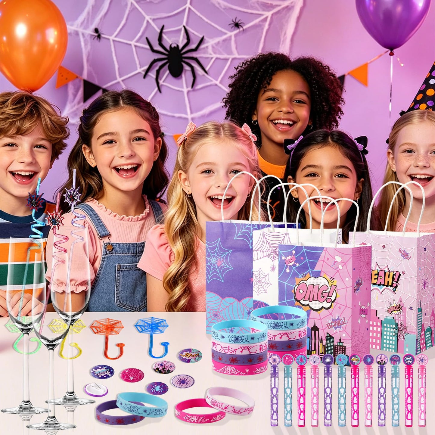 Vanblue 84 Pcs Pink Purple Spider Party Favors Gift Spiderweb Themed Birthday Party Decorations, Spider Comic Heroes Goodie Bag Stuffers,Classroom Reward Piñata Fillers for Girls Movie Fans
