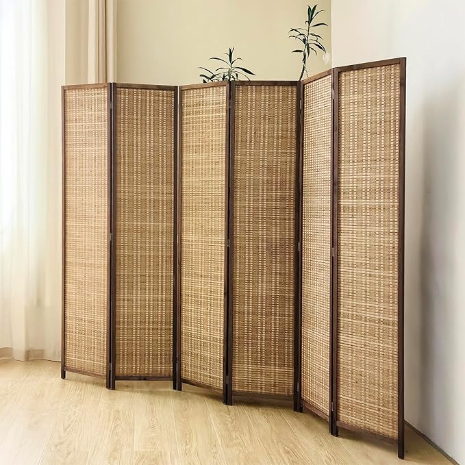 6 Panel Bamboo Room Divider Screen, 5.6 FT Tall Bamboo Divider Folding Panel