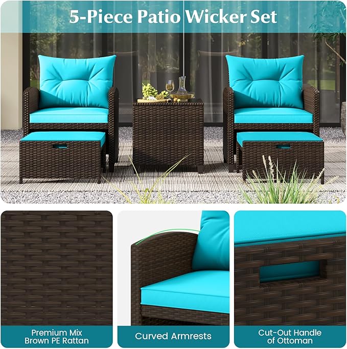 Tangkula 5 Pieces Patio Conversation Set, PE Wicker Outdoor Furniture Set