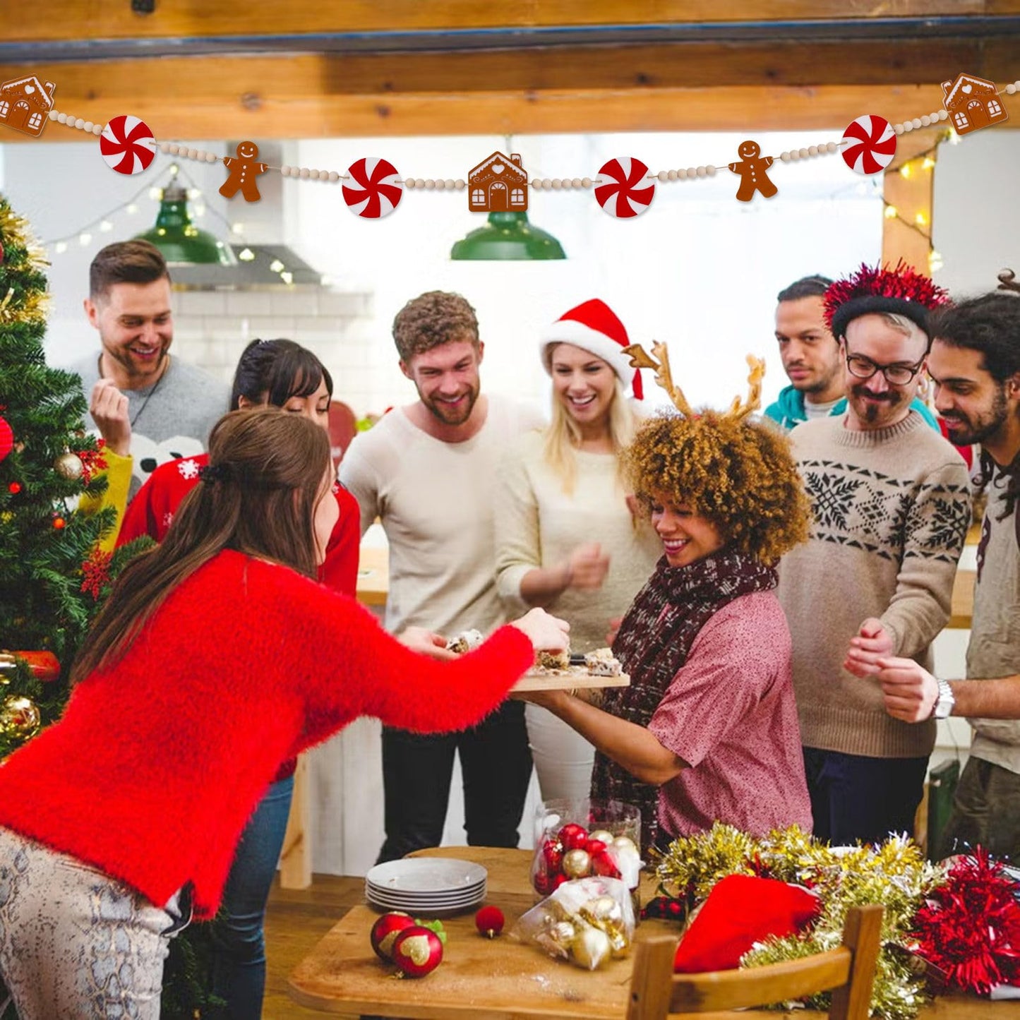 5.9FT Gingerbread Garland Christmas Decoration for Mantle, Xmas Gingerbread Man Wood Bead House Decor Indoor Fireplace