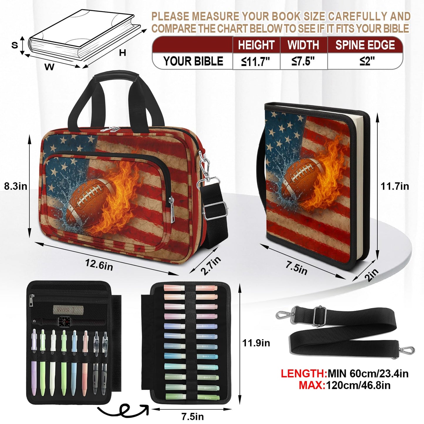 IBOVODI American Flag Football Bible Cover Case for Men Boys, Rugby Large Kids Bible Bag Book Carrying Case with Handle Zipper Pocket, Bible Study Supplies Journaling Kit Highlighters Pens Cross Clips