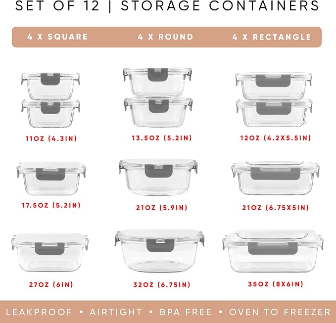 JoyJolt 24pc Borosilicate Glass Storage Containers with Lids | 12 Airtight/Freezer Safe Food Storage Containers for Pantry and Kitchen | Meal Prep Container for Lunch | Glass Tupperware Set